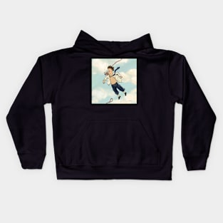 Flying, more like falling guy, with a dog Kids Hoodie